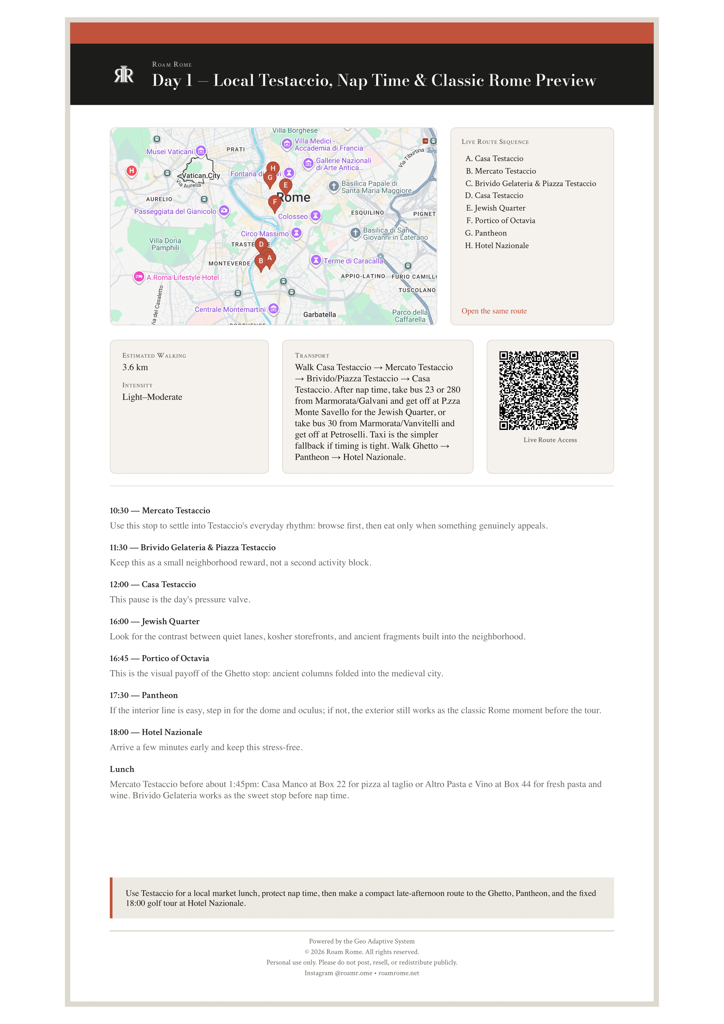 Sample custom itinerary — Day 1 route with map, timed stops, and transport details