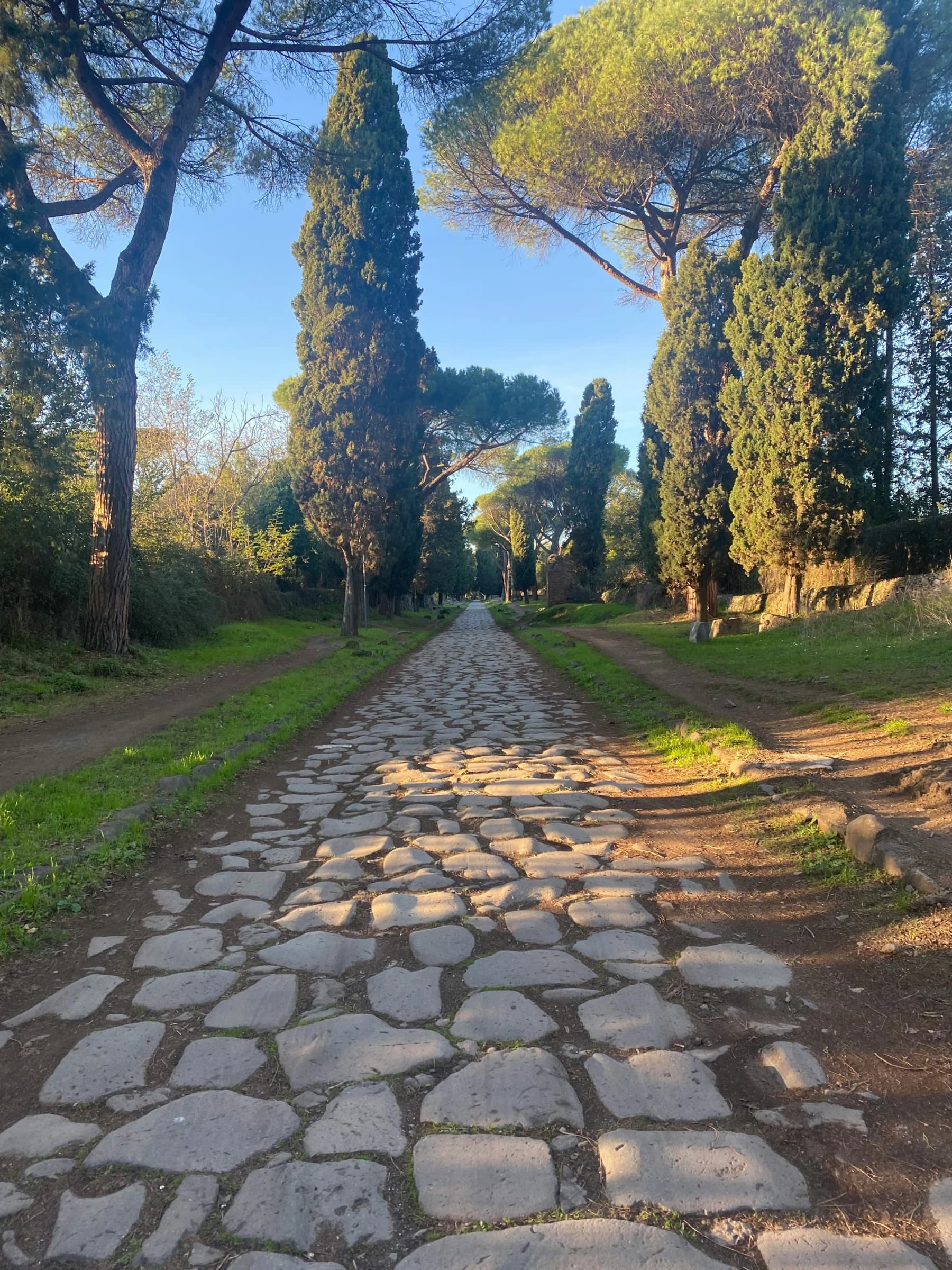 The ancient basalt cobblestones of the Via Appia Antica at golden hour